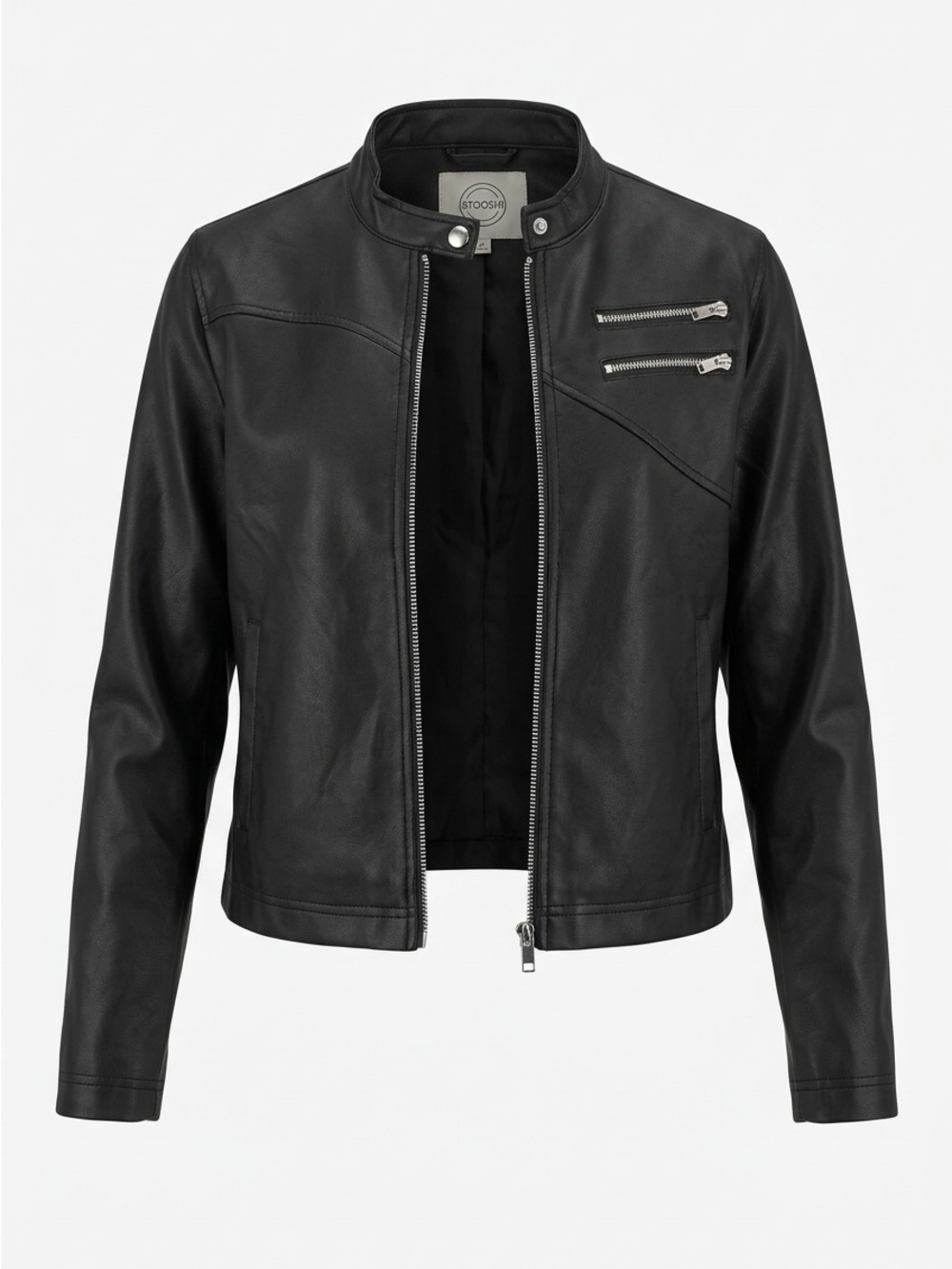 Stoosh Black Faux Leather Moto Jacket with Zip Accents